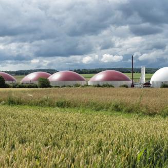 Natural gas storage buildings in an agricultural field