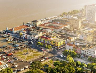 Overhead view of seaside buildings in Belém.
